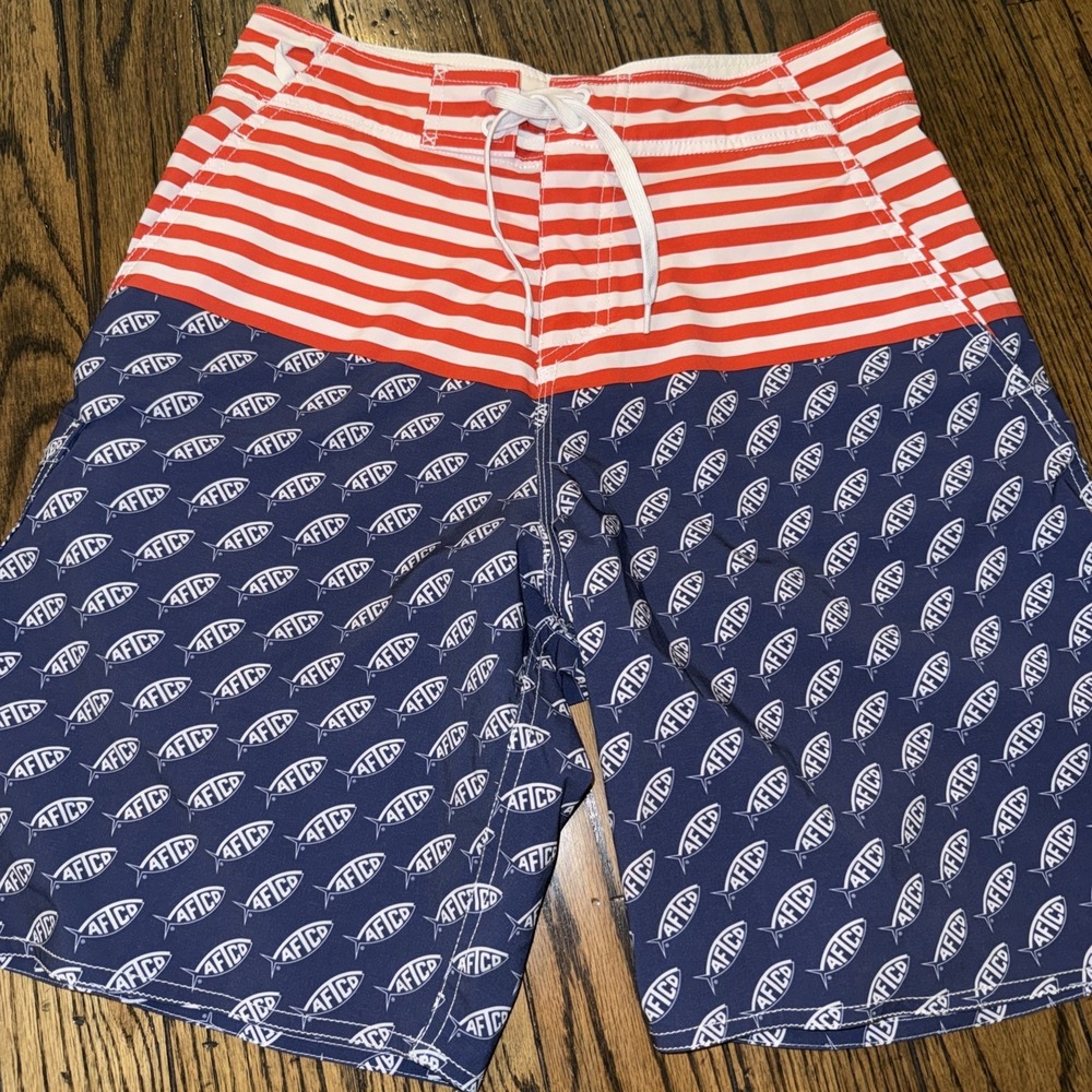 AFTCO Mens Board Shorts 28 Red White Stripe Blue Fish Logo Swim Trunks 8" USA